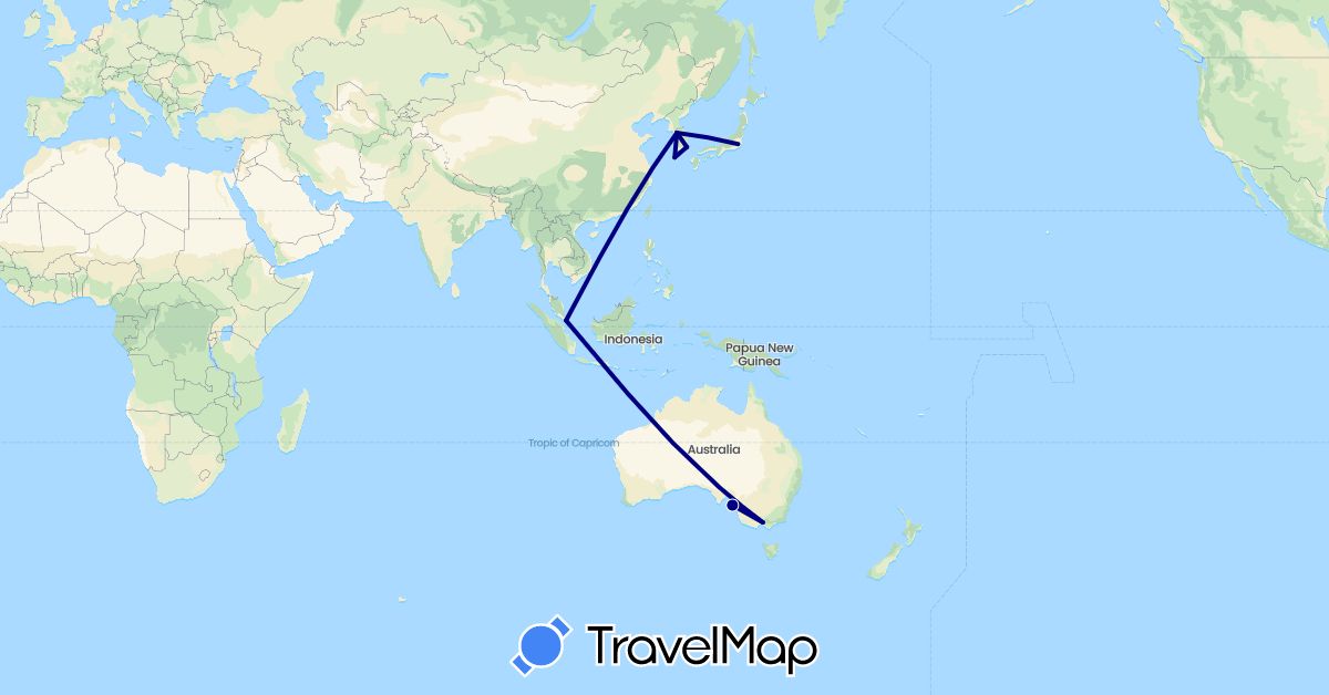 TravelMap itinerary: driving in Australia, Japan, South Korea, Singapore (Asia, Oceania)